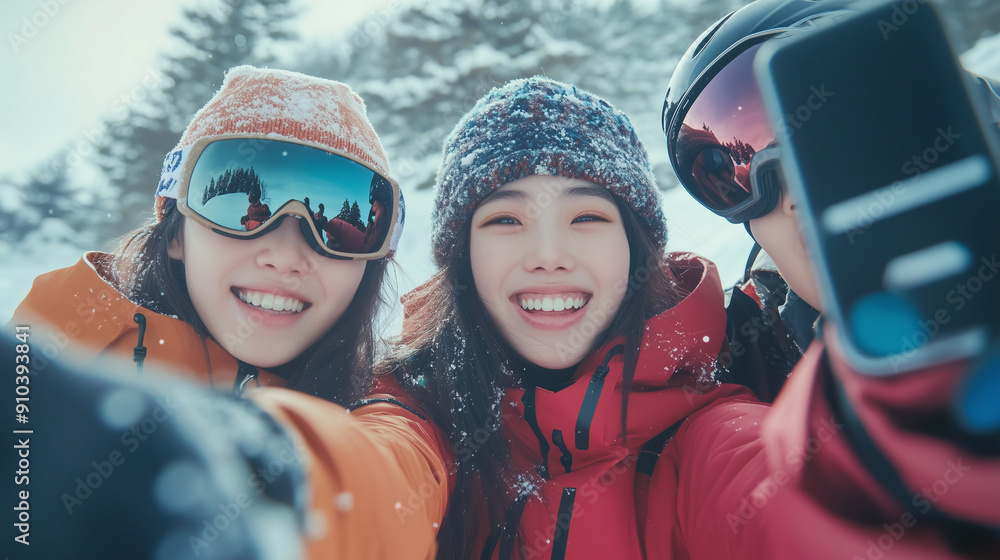 stockphoto, a group of korean teenagers wearing ski equipment takes a selfie together. Group of friend during ski holiday taking a selfie. Togetherness, happy people. Active lifestyle. Sports. stockphoto, a group of korean teenagers wearing ski equipment takes a selfie together. Group of friend during ski holiday taking a selfie. Togetherness, happy people. Active lifestyle. Sports.