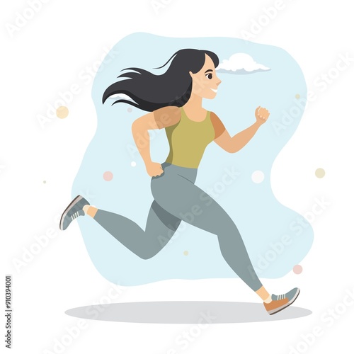 Young fit woman running. Active healthy lifestyle. Over blue sky. Active healthy lifestyle. Beautiful slender girl in a sportswear is engaged in fitness, sports, trains etc. Sun, blue cloudy sky, gree