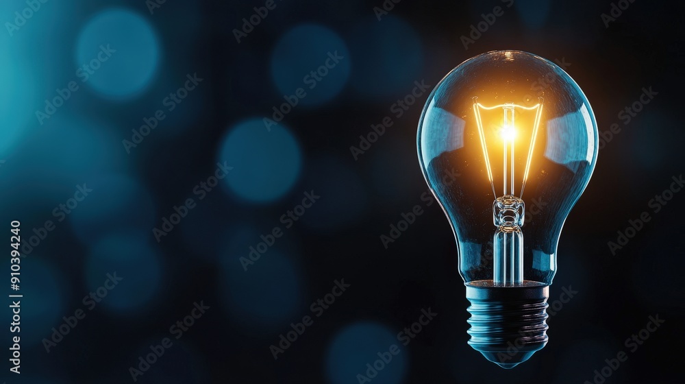 © AIsofeel - A glowing light bulb against a dark blue background with bokeh. The bulb represents ideas, inspiration, and innovation.