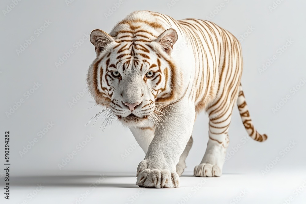 A majestic white tiger with striking blue eyes walks confidently towards the camera on a white background. A majestic white tiger with striking blue eyes walks confidently towards the camera on a white background.