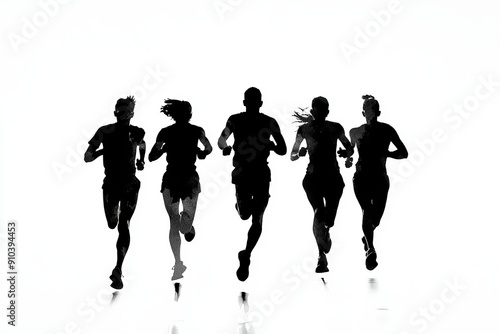 silhouette of a group of runners running together, white background, isolated, race pack, race group