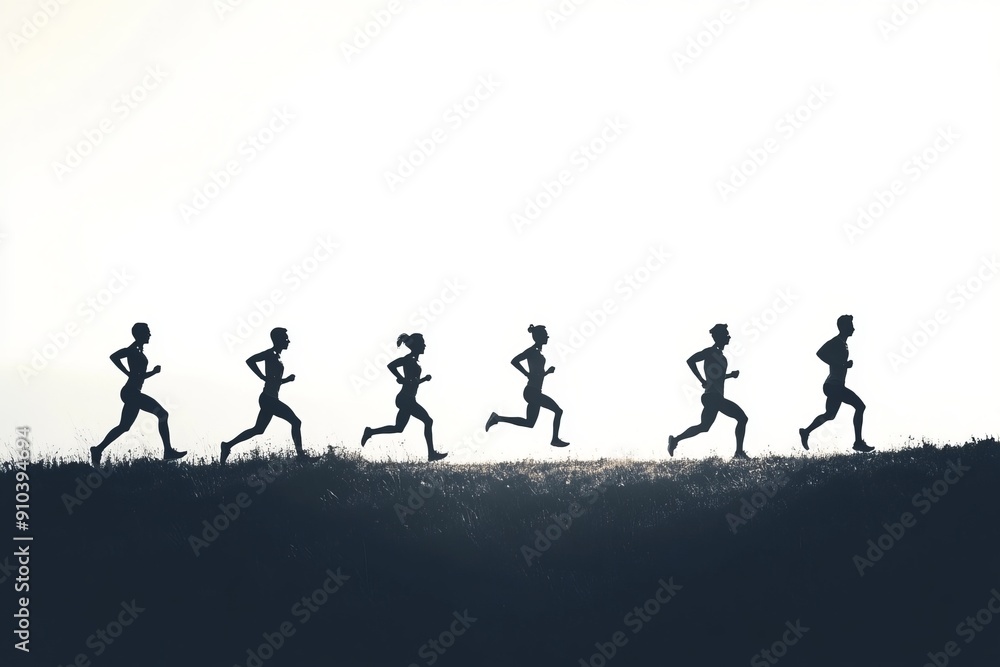 silhouette of a group of runners running together, white background, isolated, race pack, race group silhouette of a group of runners running together, white background, isolated, race pack, race group