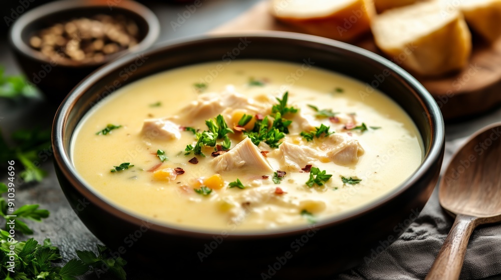 Homemade cream of chicken soup with a comforting aroma and smooth, creamy texture. Cream of chicken soup full of tender pieces of chicken and vegetables. Homemade cream of chicken soup with a comforting aroma and smooth, creamy texture. Cream of chicken soup full of tender pieces of chicken and vegetables.