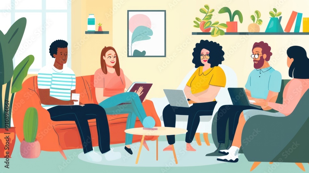 A virtual support group meeting, with participants discussing mental health topics via video call A virtual support group meeting, with participants discussing mental health topics via video call