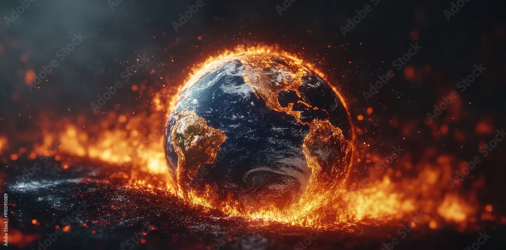 An artistic depiction of Earth engulfed in flames, highlighting the dangers of climate change, environmental disaster, and global crisis in a dramatic and vivid style. An artistic depiction of Earth engulfed in flames, highlighting the dangers of climate change, environmental disaster, and global crisis in a dramatic and vivid style.