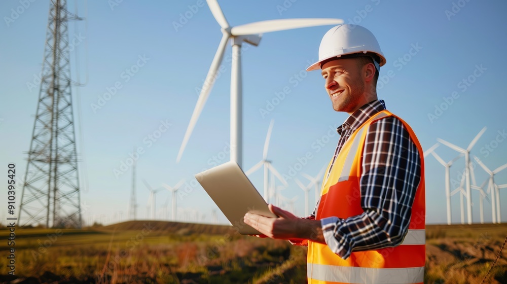 A realistic of a smiling modern engineer holding a laptop, standing in front of a field of wind turbines. The engineer is wearing a white hard hat and a reflective safety vest, A realistic of a smiling modern engineer holding a laptop, standing in front of a field of wind turbines. The engineer is wearing a white hard hat and a reflective safety vest,