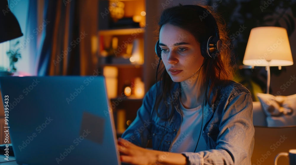 A young woman works intently on her laptop amidst a warm, cozy evening atmosphere A young woman works intently on her laptop amidst a warm, cozy evening atmosphere