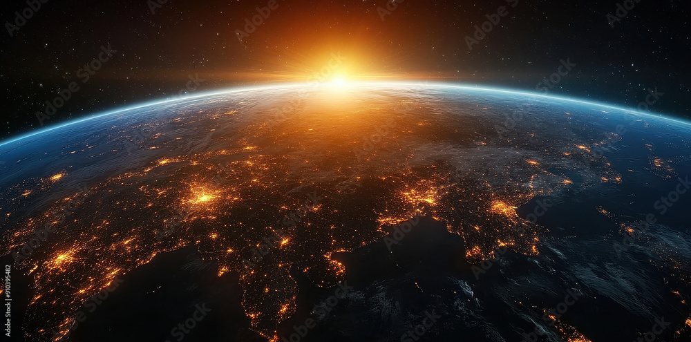 A mesmerizing image of Earth's horizon at sunrise, featuring beautifully glowing city lights and a serene atmosphere, representing optimism and global interconnectedness. A mesmerizing image of Earth's horizon at sunrise, featuring beautifully glowing city lights and a serene atmosphere, representing optimism and global interconnectedness.