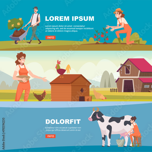 farmers banners. working happy farmers milking cow feeding chickens gardening