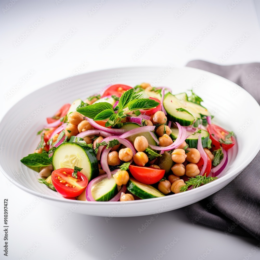 Vegetarian chickpea salad prepared with tomatoes, cucumber, red onion, cress salad and arugula, White Background, Vegetarian chickpea salad prepared with tomatoes, cucumber, red onion, cress salad and arugula, White Background,