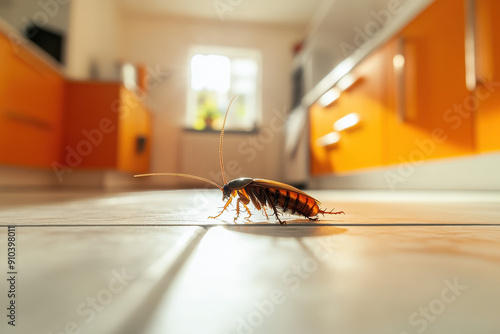 A detailed close-up of a cockroach walking on a bright and clean kitchen floor, highlighting the insect's antennae and features, with a blurry kitchen background.