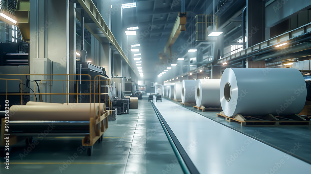Industrial paper roll processing line within a manufacturing plant, showcasing machinery and large rolls of paper in production Industrial paper roll processing line within a manufacturing plant, showcasing machinery and large rolls of paper in production