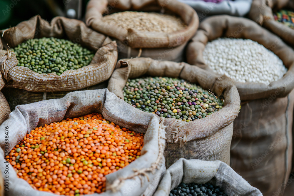 Variety of Organic Grains and Legumes in Burlap Sacks at a Traditional Market Variety of Organic Grains and Legumes in Burlap Sacks at a Traditional Market