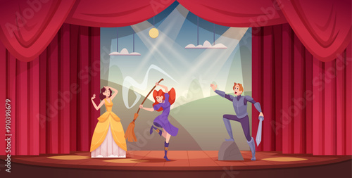 Theater stage. Performing characters show on stage exact vector template