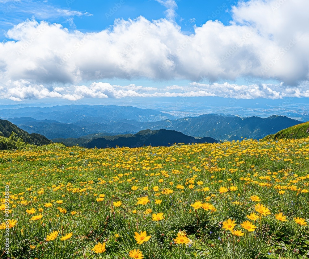 endless yellow wildflowers cover the green grass on Mount Lushan, with a blue sky and white clouds in the distance endless yellow wildflowers cover the green grass on Mount Lushan, with a blue sky and white clouds in the distance