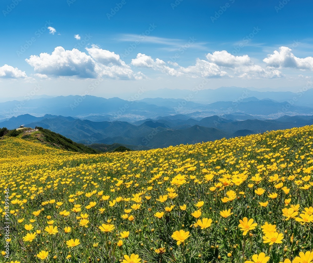 Fototapeta premium endless yellow wildflowers cover the green grass on Mount Lushan, with a blue sky and white clouds in the distance