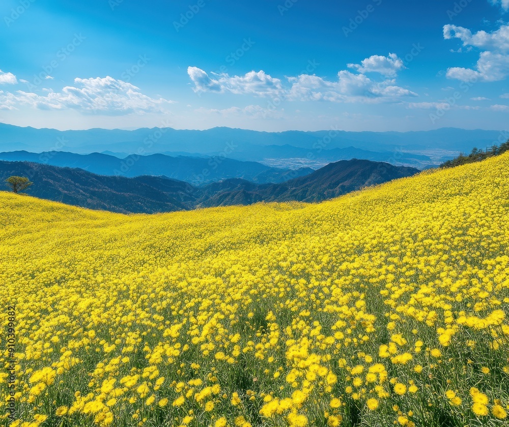 endless yellow wildflowers cover the green grass on Mount Lushan, with a blue sky and white clouds in the distance endless yellow wildflowers cover the green grass on Mount Lushan, with a blue sky and white clouds in the distance