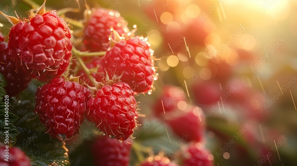 A close-up shot of fresh ripe red raspberries hanging on the branches with green leaves bathed in warm sunlight. A close-up shot of fresh ripe red raspberries hanging on the branches with green leaves bathed in warm sunlight.