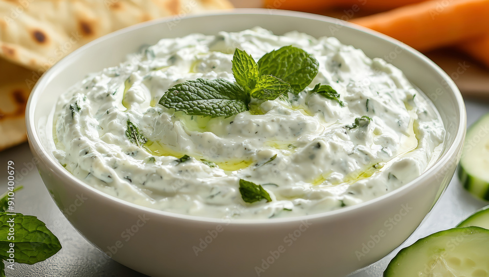 Traditional Greek tzatziki sauce in a bowl on the table with fresh cucumber, carrots and pita bread Traditional Greek tzatziki sauce in a bowl on the table with fresh cucumber, carrots and pita bread