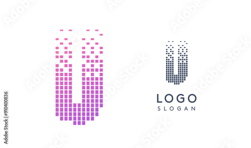 Pixelated Letter U transitioning into scattered pixels with gradient colors creating modern, digital effect like equalizer. Abstract logo for tech software and digital media. Vector illustration.