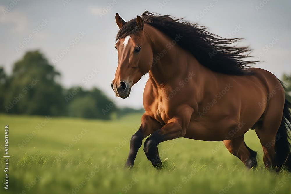 Obraz premium mane horse close long green field run red beautiful summer colours flower animal outside domestic equine equestrian nature meadow beauty portrait brown spring landscape head wild farm adult cute1