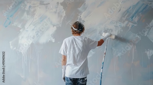 Painter using white roller for wall painting