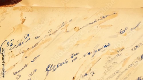 A close-up of a historic document with faded blue ink on aged paper, displaying elegant handwriting and signs of wear over time