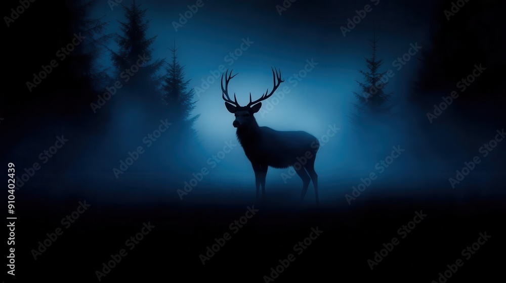 A majestic deer stands in a misty forest, illuminated by a soft blue light, creating an enchanting and mysterious atmosphere. A majestic deer stands in a misty forest, illuminated by a soft blue light, creating an enchanting and mysterious atmosphere.