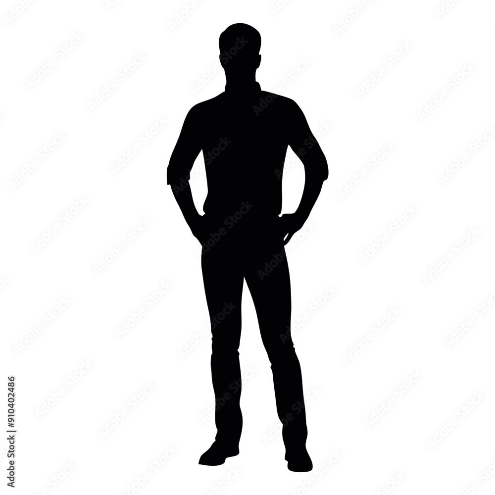 vector silhouette of a man dressed in a shirt and jeans standing with hands on hips, side view vector silhouette of a man dressed in a shirt and jeans standing with hands on hips, side view
