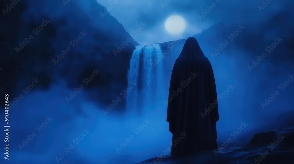 A mysterious figure in a dark cloak stands before a blue waterfall under a full moon, evoking a sense of intrigue and solitude.