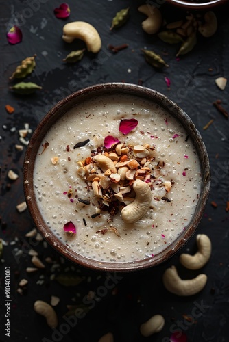 A bowl of kheer adorned with cardamom and cashew, indiaan food, black background photo