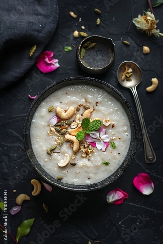 A bowl of kheer adorned with cardamom and cashew, indiaan food, black background photo