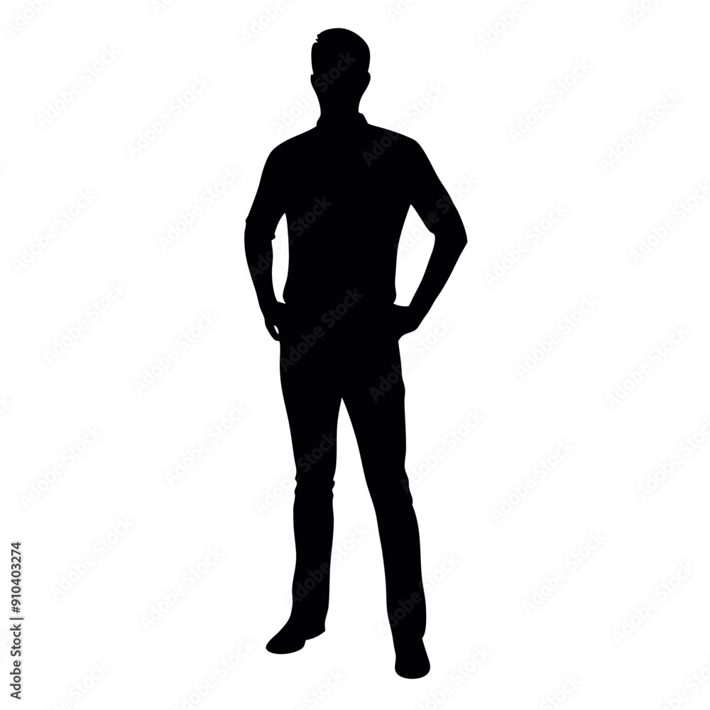 vector silhouette of a man dressed in a shirt and jeans standing with hands on hips, side view vector silhouette of a man dressed in a shirt and jeans standing with hands on hips, side view