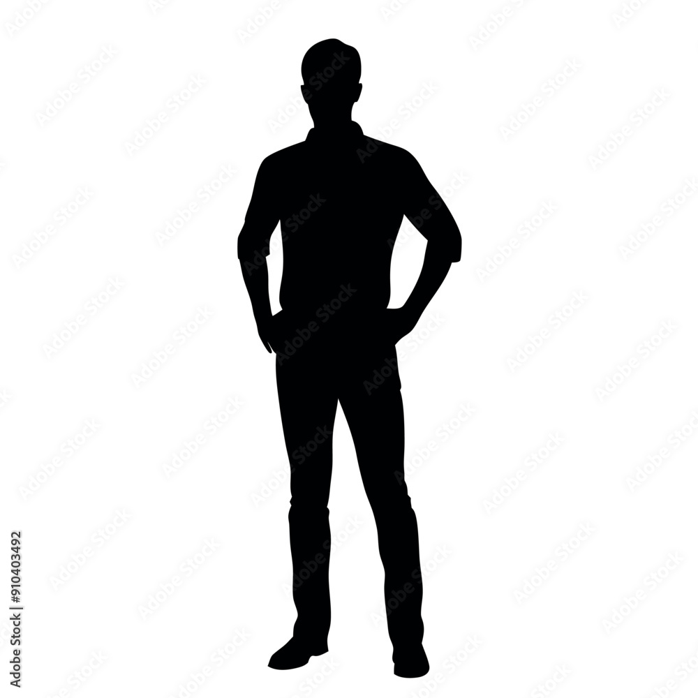 vector silhouette of a man dressed in a shirt and jeans standing with hands on hips, side view vector silhouette of a man dressed in a shirt and jeans standing with hands on hips, side view