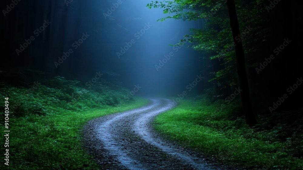 Fototapeta premium A winding path through a misty forest, surrounded by lush greenery and serene tranquility, inviting exploration and reflection.