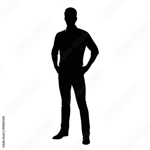 vector silhouette of a man dressed in a shirt and jeans standing with hands on hips, side view