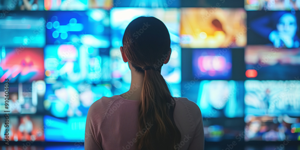 Woman standing in front of TV wall, displaying many streaming channels and online media. Woman standing in front of TV wall, displaying many streaming channels and online media.
