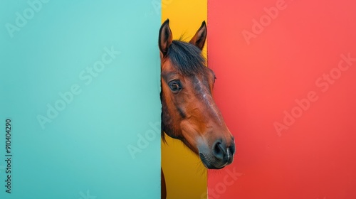 text space for advertising with funny part as portrait of a horse peeking over a colored panal