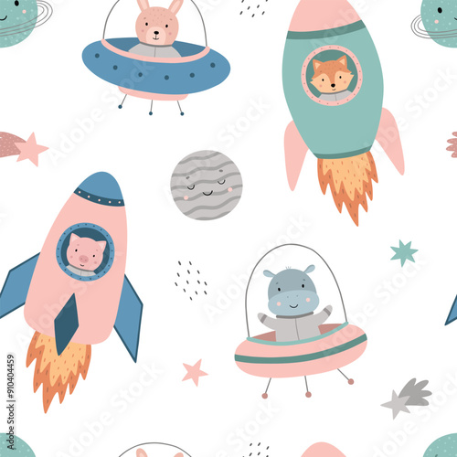 Seamless pattern with cute animals in spacesuits. Vector illustration
