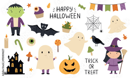 A set of cartoon characters and Halloween elements. Vector illustration