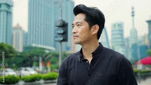 A man strolls confidently down a busy city street, surrounded by tall buildings and a cloudy sky while traffic lights change photo