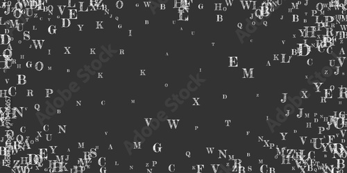 Flying latin letters. White chalk  scattered