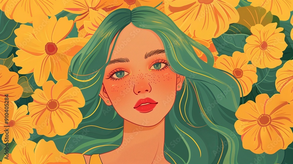 An illustration in flat style featuring a beautiful young woman with vibrant green hair and subtle red highlights in close up, set against a backdrop of yellow flowers. The warm An illustration in flat style featuring a beautiful young woman with vibrant green hair and subtle red highlights in close up, set against a backdrop of yellow flowers. The warm