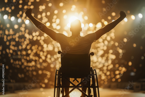 A man in a wheelchair is standing up and raising his arms in the air