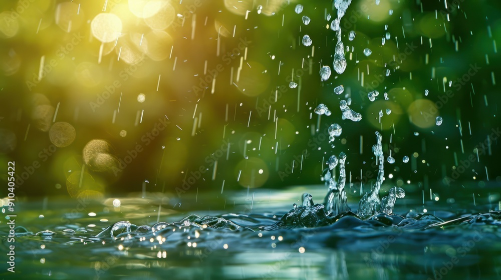 Water falling from the sky, water droplets in closeup on a green background with sunlight. A water fountain with a natural spring stream or river. Water falling from the sky, water droplets in closeup on a green background with sunlight. A water fountain with a natural spring stream or river.