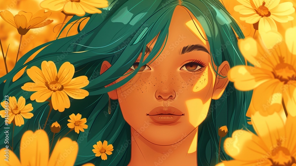 An illustration in flat style featuring a beautiful young woman with vibrant green hair and subtle red highlights in close up, set against a backdrop of yellow flowers. The warm An illustration in flat style featuring a beautiful young woman with vibrant green hair and subtle red highlights in close up, set against a backdrop of yellow flowers. The warm