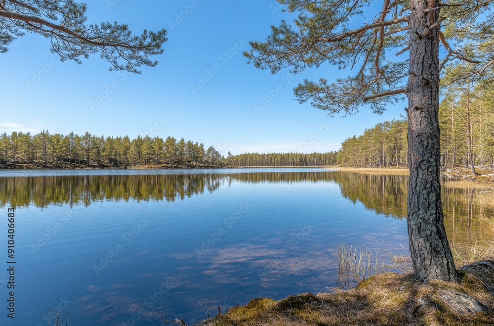 In the foreground is an isolated pine forest, in which there is only one tall tree on its right side In the foreground is an isolated pine forest, in which there is only one tall tree on its right side