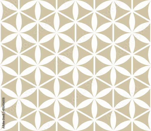 Vector golden seamless pattern. Abstract floral geometric ornament. Gold and white background with flower silhouettes, lines, hexagonal grid, lattice, mesh. Elegant repeated design for decor, print