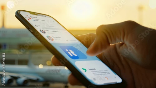 A hand holds a smartphone displaying a travel app against the backdrop of a beautiful sunrise at the airport with planes ready for departure.