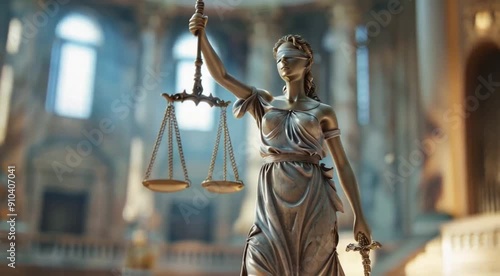 Lady Justice Statue in Grand Courtroom Symbolizing Law and Justice
